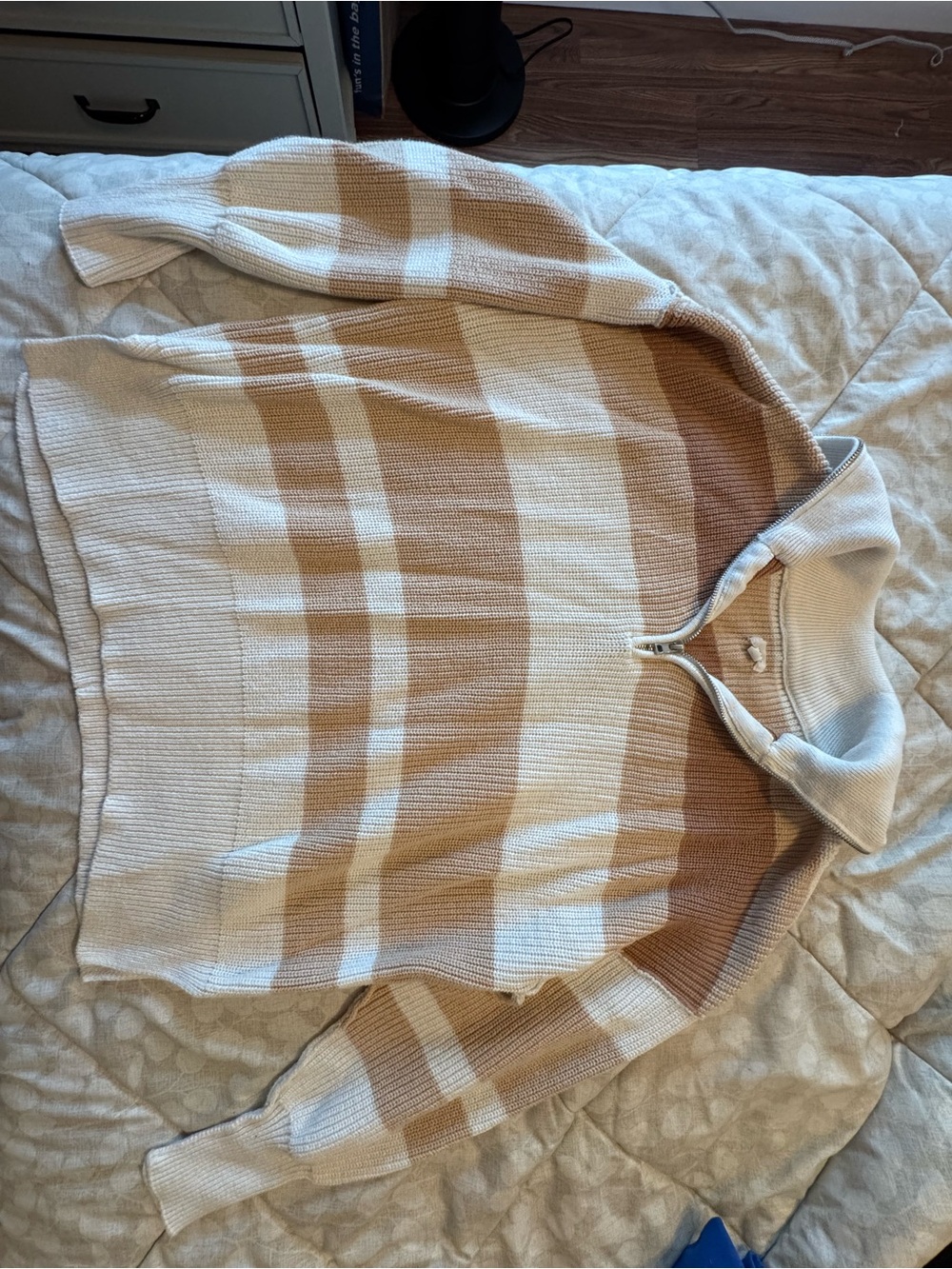aerie Striped Half-Zip Cowlneck Sweater in Cream & Tan